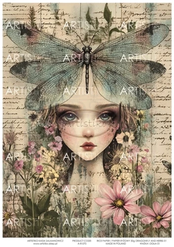 Papier ryżowy do decoupage A4 Ważka i zioła 01 A-R-070 Artistiko