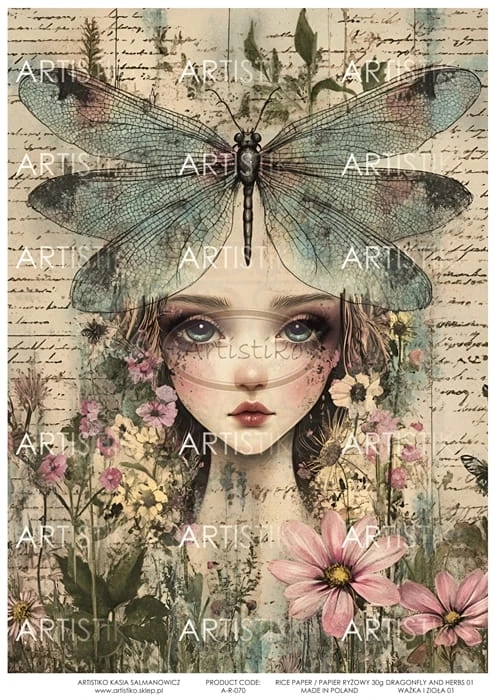 Papier ryżowy do decoupage A4 Ważka i zioła 01 A-R-070 Artistiko