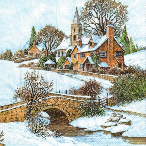 Serwetka 33x33 - Miasteczko w śniegu i most