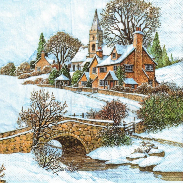 Serwetka 33x33 - Miasteczko w śniegu i most