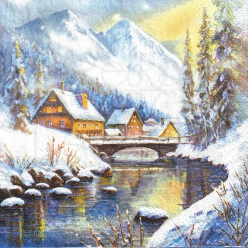 Serwetka 33x33 - Miasteczko w górach rzeka i most