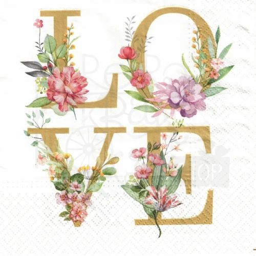 Serwetka 33x33 - Napis LOVE z kwiatami