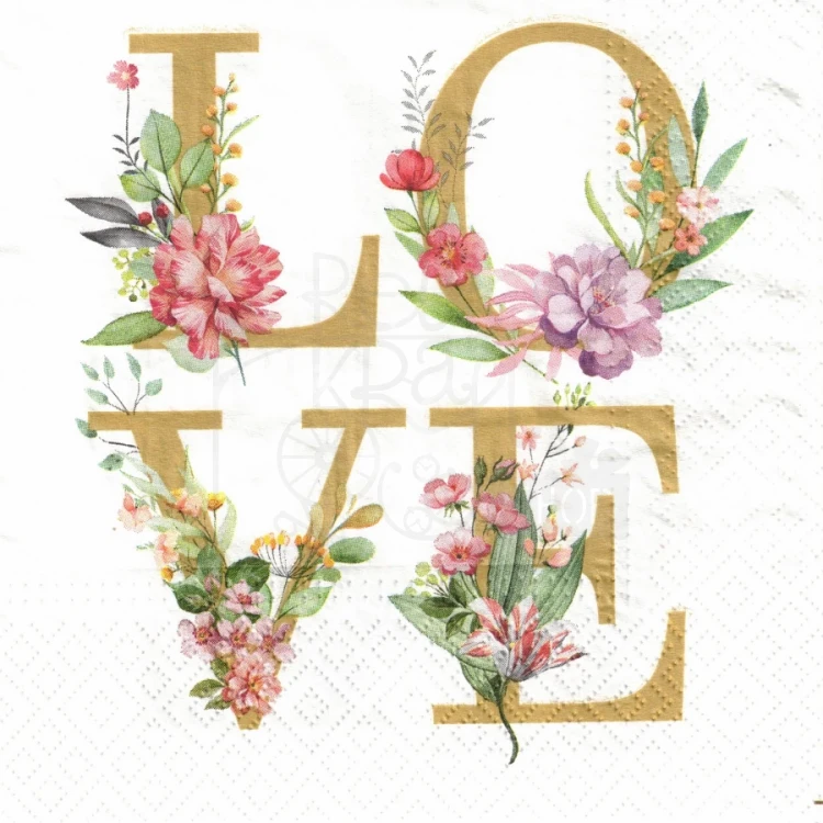 Serwetka 33x33 - Napis LOVE z kwiatami