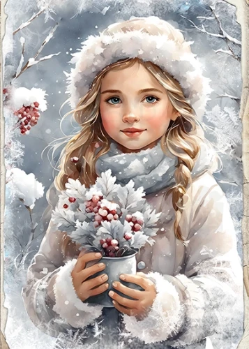 Papier ryżowy do decoupage A5 Dziewczynka z zimowym bukietem 0650