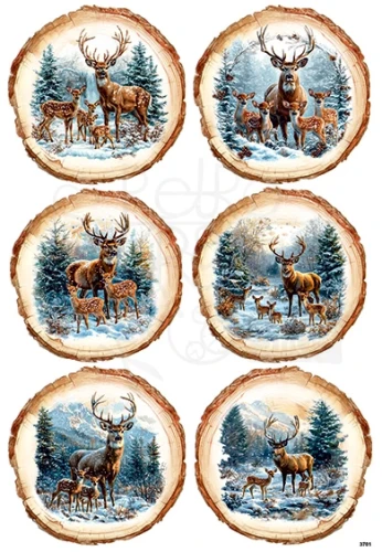 Papier ryżowy do decoupage A4 Jelenie w zimowych medalionach 3701