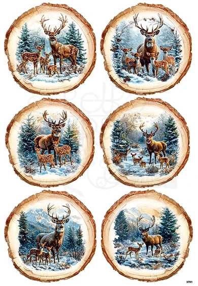 Papier ryżowy do decoupage A4 Jelenie w zimowych medalionach 3701