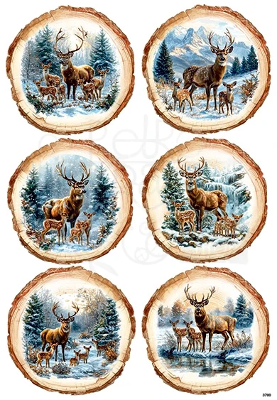 Papier ryżowy do decoupage A4 Jelenie w zimowych medalionach 3700