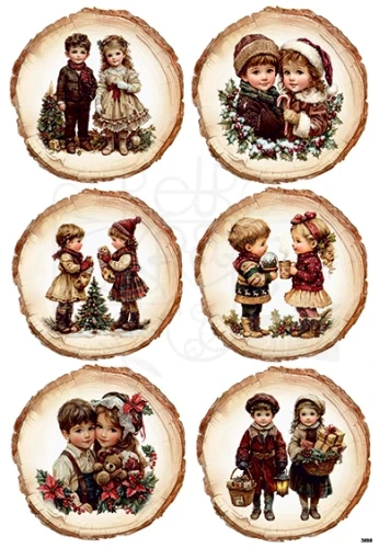 Papier ryżowy do decoupage A4 Dzieci w zimowych medalionach 3698