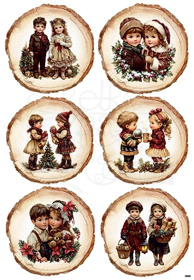 Papier ryżowy do decoupage A4 Dzieci w zimowych medalionach 3698
