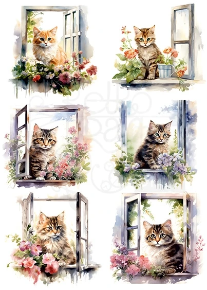 Papier ryżowy do decoupage A4 Kot w oknie 2177