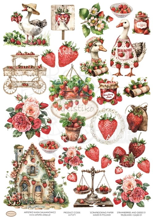 Papier do scrapbookingu A4 dodatki do wycinania Truskawki i Gąski 01 A-P-071 Artistiko