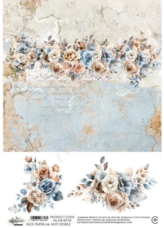Papier ryżowy do decoupage A4 In Shades of Blue Kwiaty AA-ISB-RP-03 Alchemy of Art