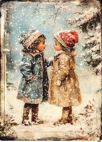 Papier ryżowy do decoupage A5 Dziewczynki zimą retro 12943