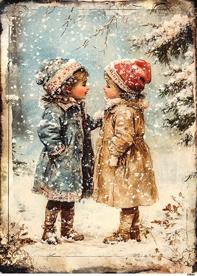 Papier ryżowy do decoupage A5 Dziewczynki zimą retro 12943