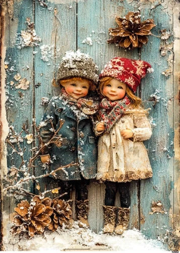 Papier ryżowy do decoupage A5 Dzieci zimą retro 12942