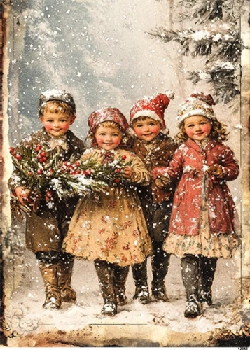 Papier ryżowy do decoupage A5 Dzieci zimą retro 12940