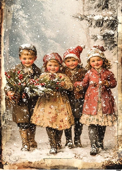 Papier ryżowy do decoupage A5 Dzieci zimą retro 12940
