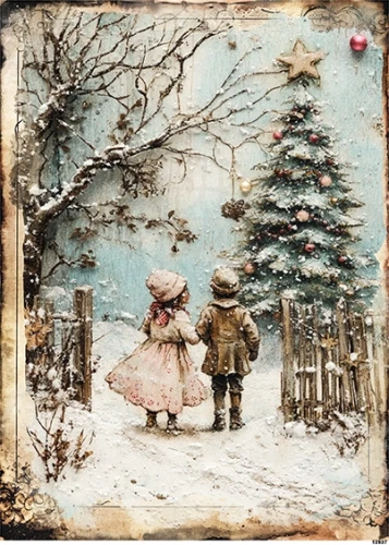 Papier ryżowy do decoupage A5 Dzieci na spacerze zimą retro 12937