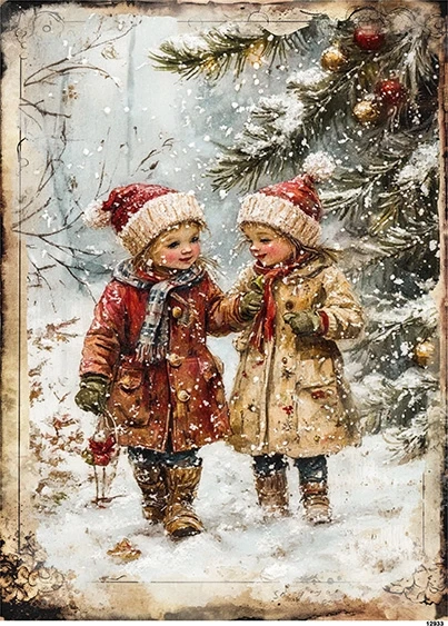 Papier ryżowy do decoupage A5 Dzieci na spacerze zimą retro 12933