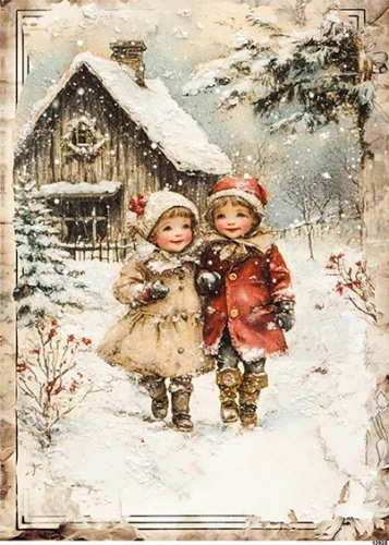 Papier ryżowy do decoupage A5 Dzieci na spacerze zimą retro 12925