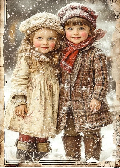 Papier ryżowy do decoupage A5 Dzieci zimą retro 12922