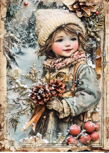 Papier ryżowy do decoupage A5 Dziewczynka zimą retro 12915