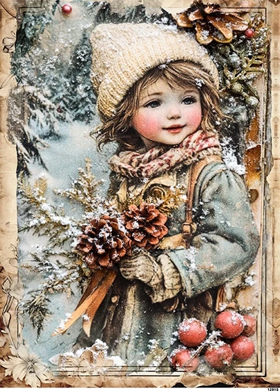 Papier ryżowy do decoupage A5 Dziewczynka zimą retro 12915
