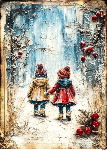 Papier ryżowy do decoupage A5 Dzieci na spacerze zimą retro 12903