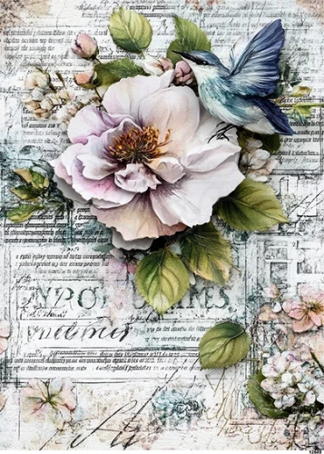Papier ryżowy do decoupage A5 Ptak i róża retro 12689