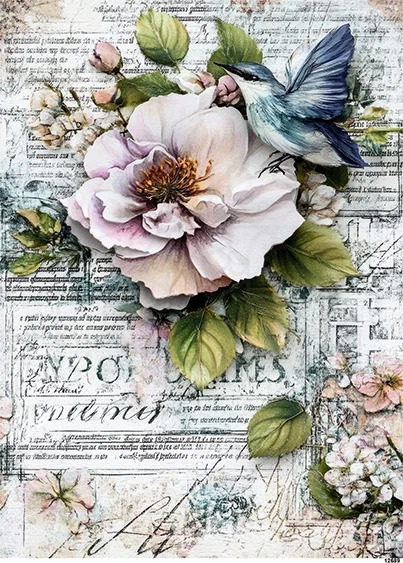 Papier ryżowy do decoupage A5 Ptak i róża retro 12689