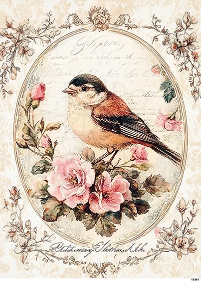 Papier ryżowy do decoupage A5 Ptak w ramce retro 12381