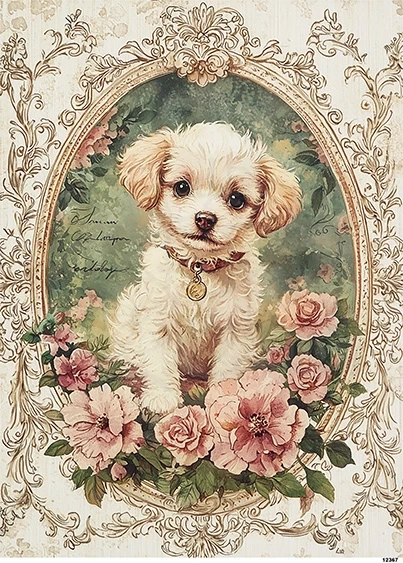 Papier ryżowy do decoupage A5 Piesek w ramce retro 12367