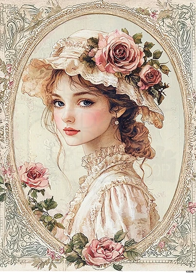 Papier ryżowy do decoupage A5 Dziewczynka retro w ramce 12326
