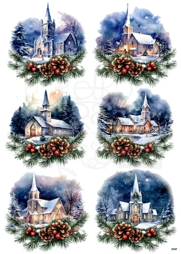 Papier ryżowy do decoupage A4 Zimowe kościoły nocą i szyszki 3757