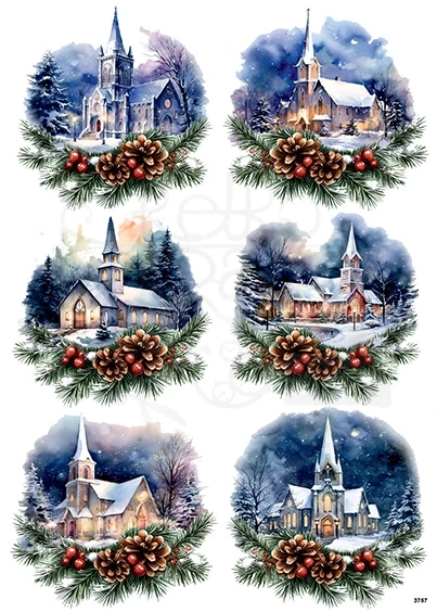 Papier ryżowy do decoupage A4 Zimowe kościoły nocą i szyszki 3757