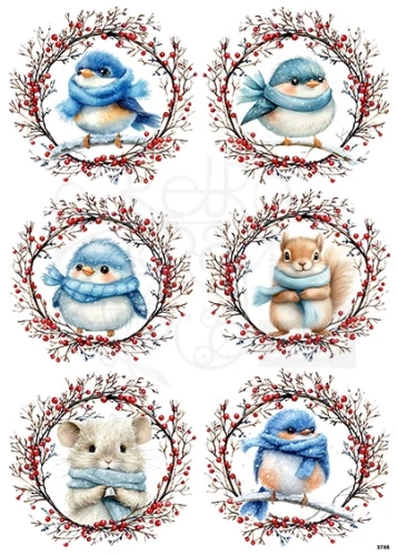 Papier ryżowy do decoupage A4 Zwierzęta w szalki w zimowym wianku 3755