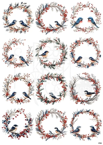 Papier ryżowy do decoupage A4 Ptaszki w zimowym wianku 3746