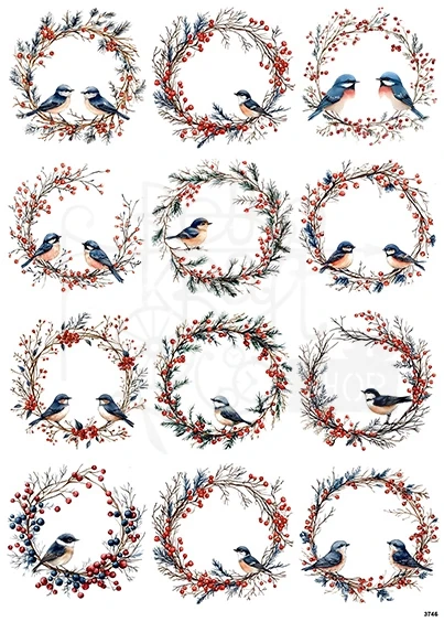 Papier ryżowy do decoupage A4 Ptaszki w zimowym wianku 3746