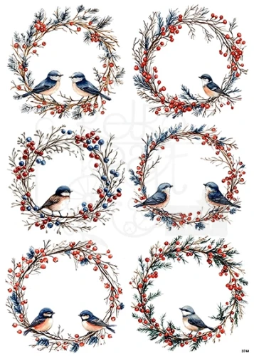 Papier ryżowy do decoupage A4 Ptaszki w zimowym wianku 3744