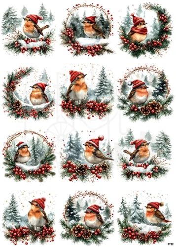 Papier ryżowy do decoupage A4 Zimowy ptaszek rudzik w czapce 3722