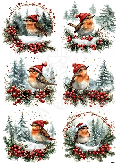 Papier ryżowy do decoupage A4 Zimowy ptaszek rudzik w czapce 3721
