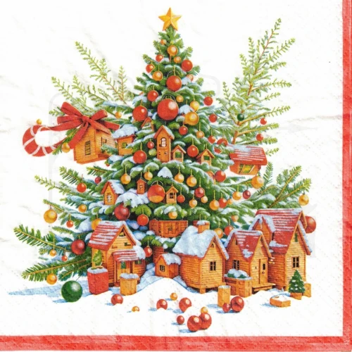 Serwetka 33x33 - Choinka i domki