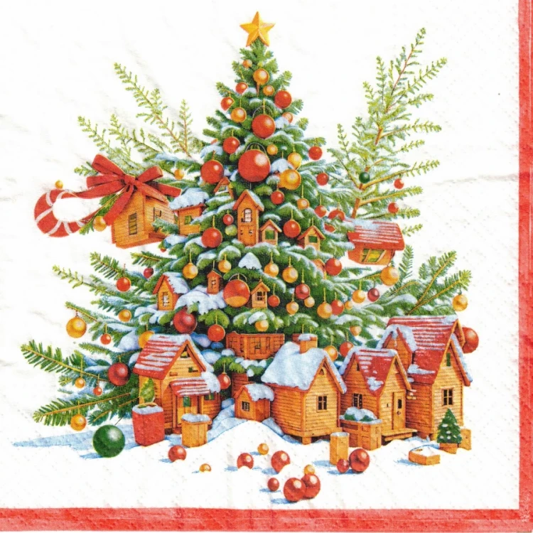 Serwetka 33x33 - Choinka i domki
