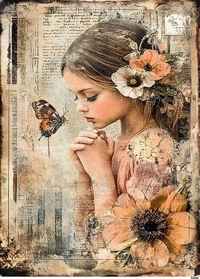 Papier ryżowy do decoupage A5 Dziewczynka motyl i kwiaty retro 13243