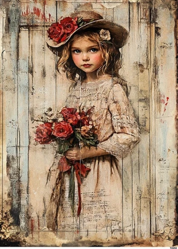 Papier ryżowy do decoupage A5 Dziewczynka w kapeluszu z kwiatami retro 13242