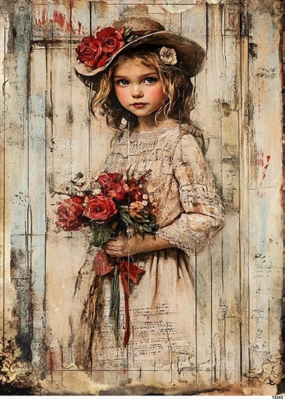 Papier ryżowy do decoupage A5 Dziewczynka w kapeluszu z kwiatami retro 13242