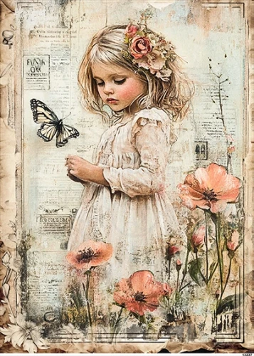 Papier ryżowy do decoupage A5 Dziewczynka motyl i kwiaty retro 13237