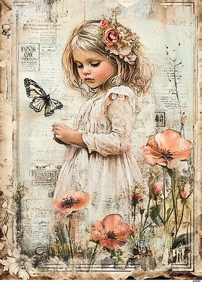 Papier ryżowy do decoupage A5 Dziewczynka motyl i kwiaty retro 13237