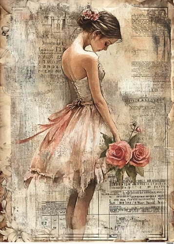 Papier ryżowy do decoupage A5 Dziewczynka i róże retro 13233