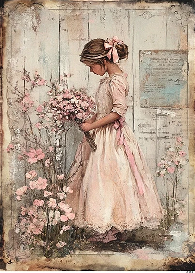 Papier ryżowy do decoupage A5 Dziewczynka i kwiaty retro 13226